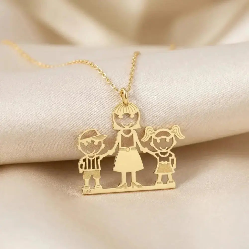 Beautiful 14K Yellow Gold Mom and Children Pendant Necklace.