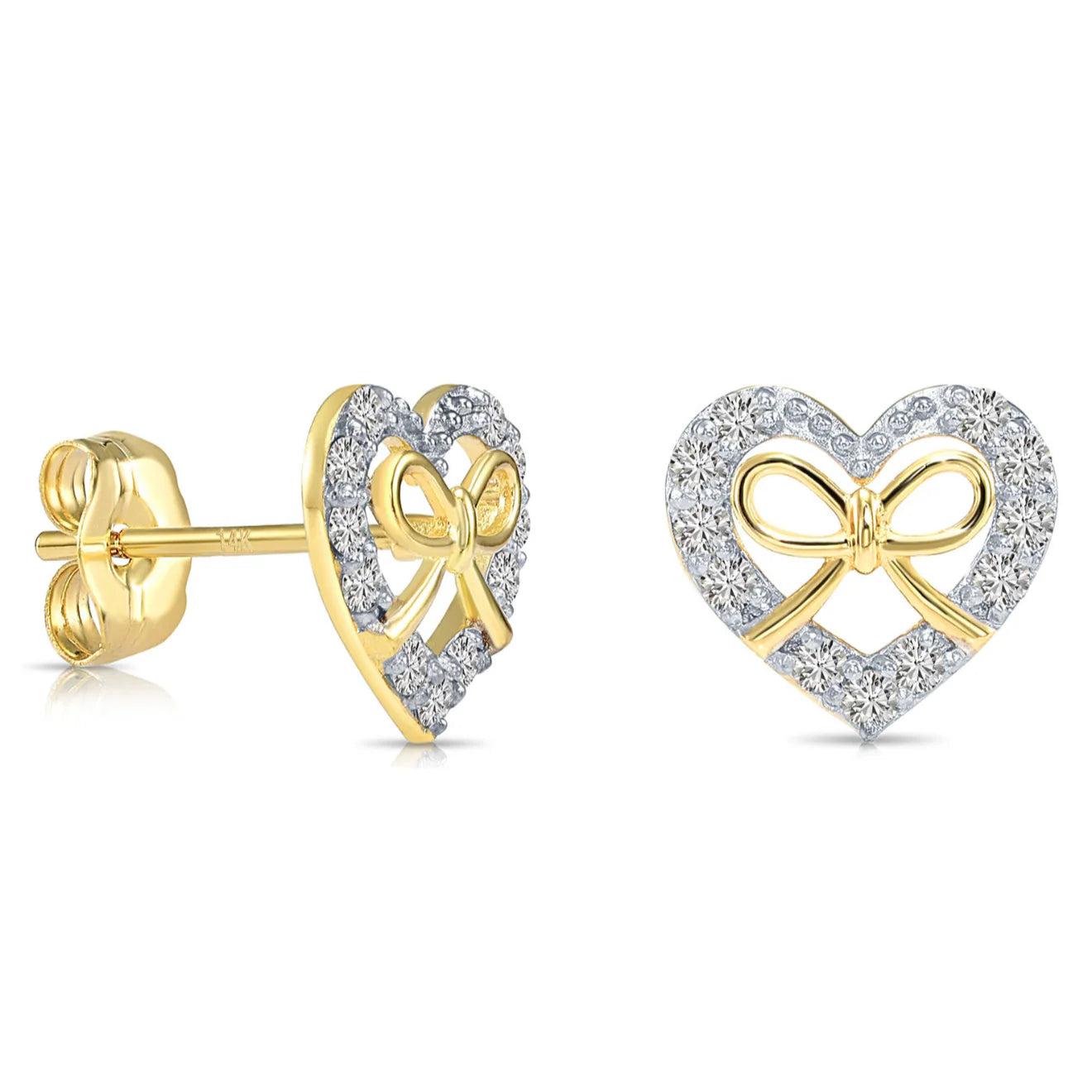 14K Gold Lab Diamond Heart & Bow Stud Earrings with Pushbacks, 0.20Ctw