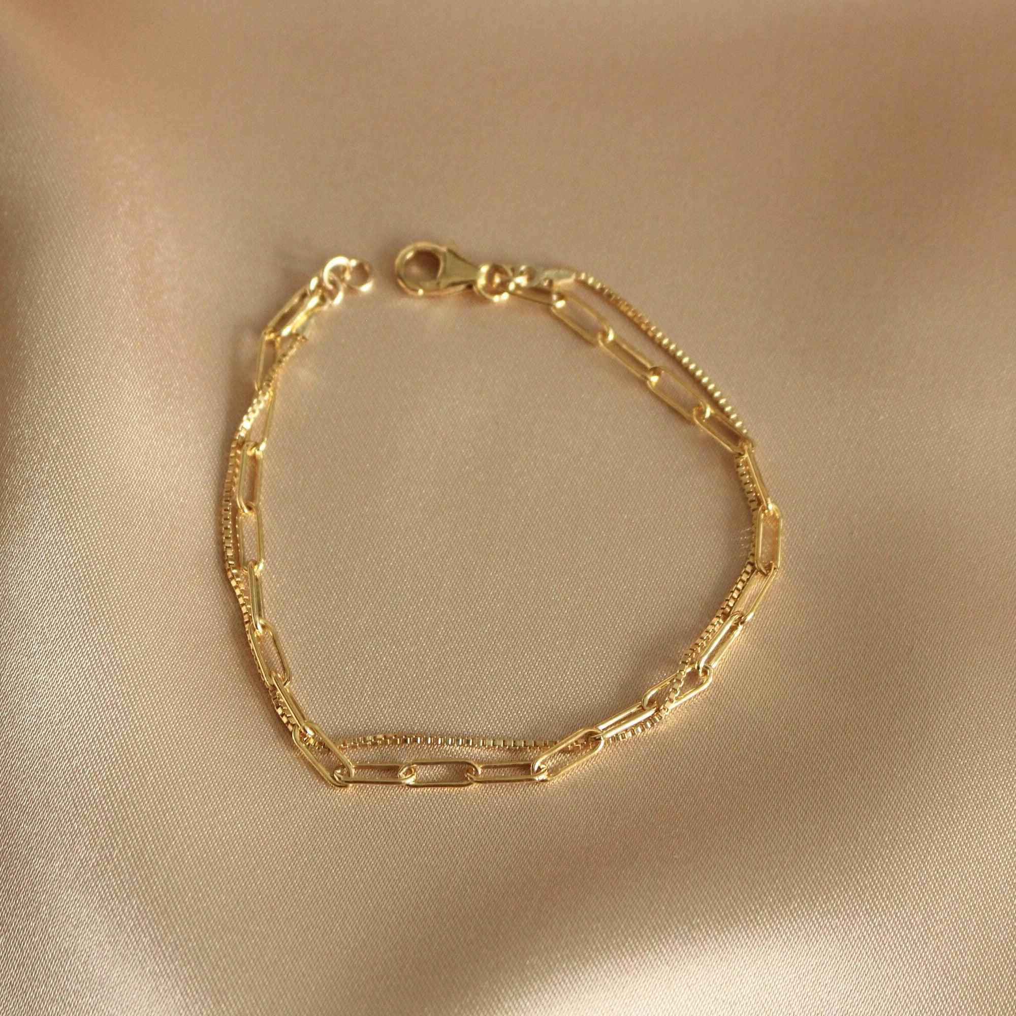 Elegant Gold Filled Bracelet Set - Stackable Rectangle & Box Chain Design, Perfect Gift for Her.