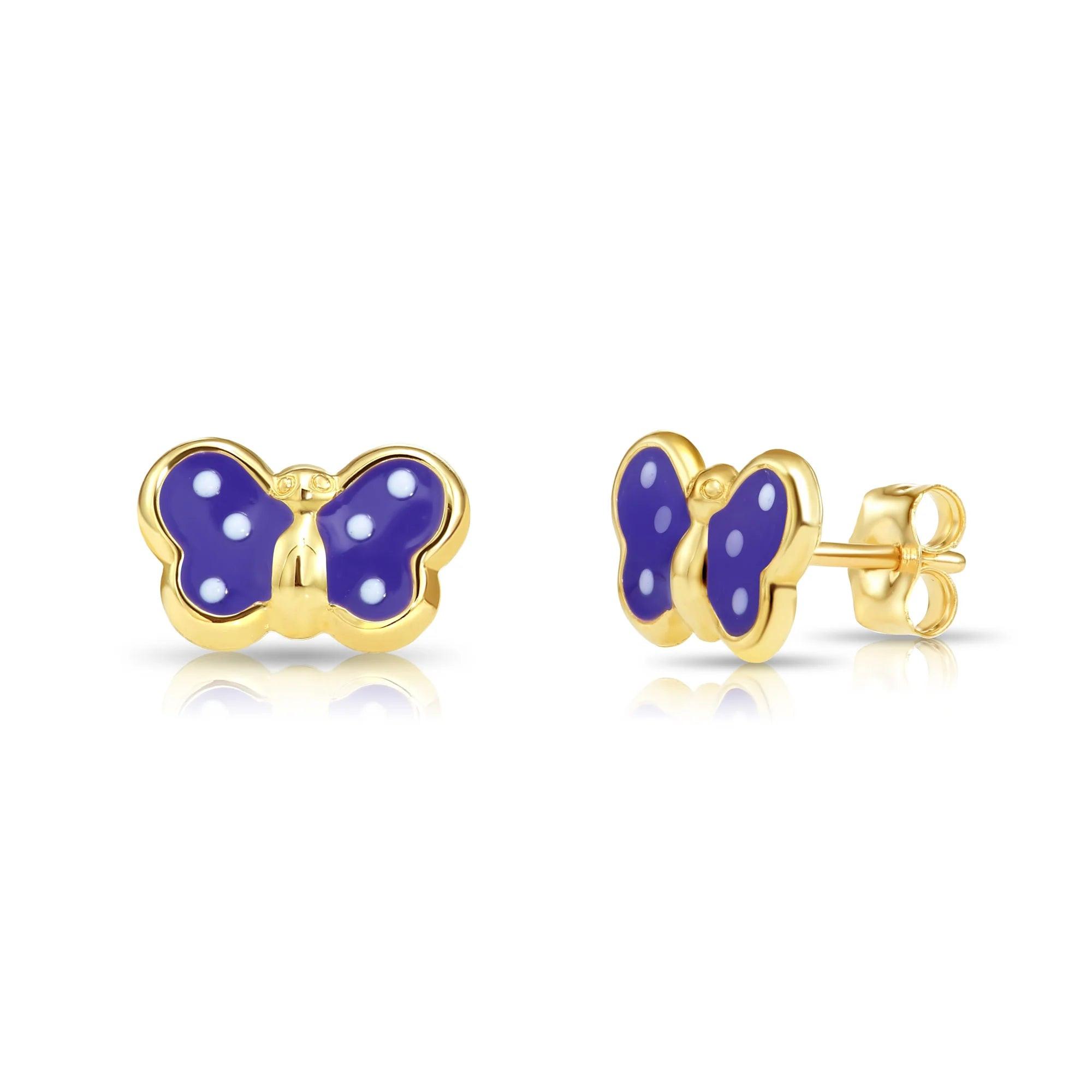 Stunning 14K Yellow Gold Butterfly Poke-A-Dot Enamel Stud Earrings with Pushback Closure.