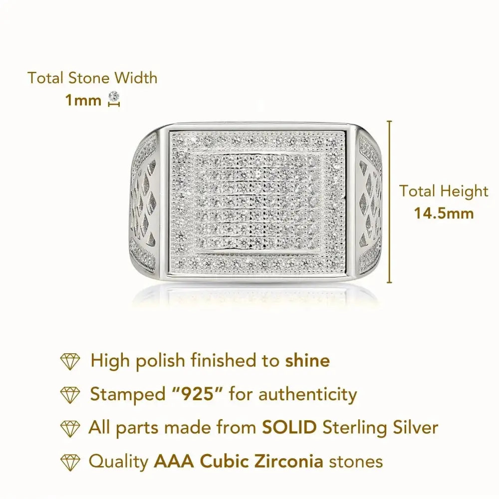 Bold 925 Sterling Silver Pave Square Signet Pinky Ring – Stunning Sparkle for Weddings & Everyday Elegance.