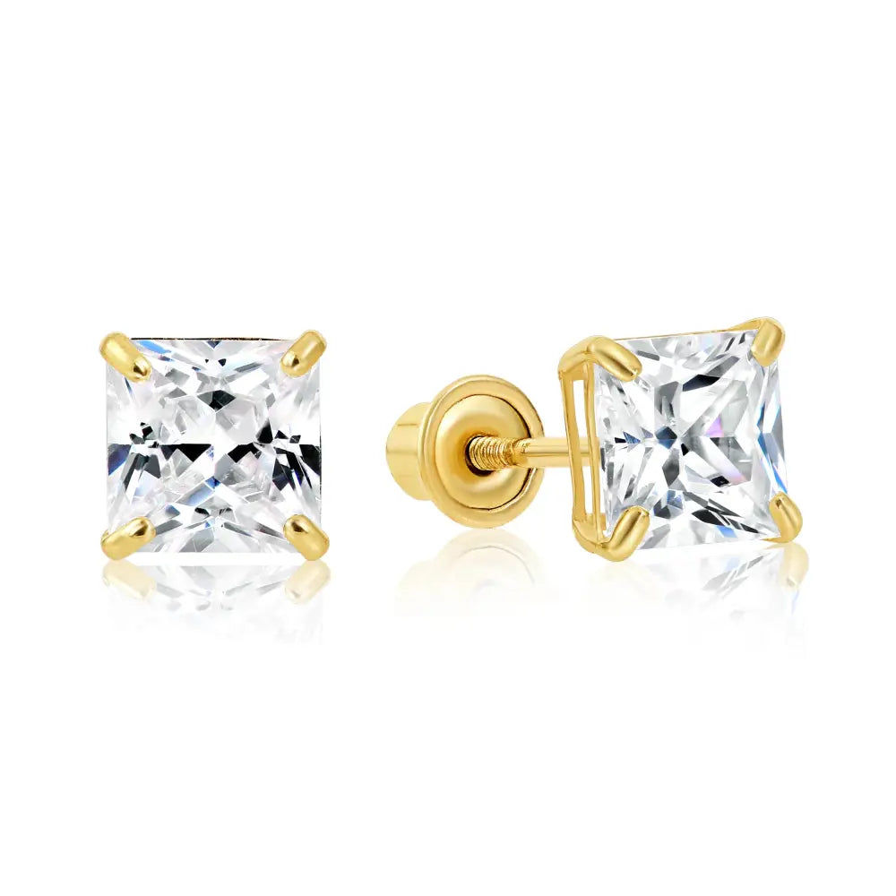 Bundle SET of 3! 14K Solid Gold Earrings, Square CZ Studs with Screwbacks