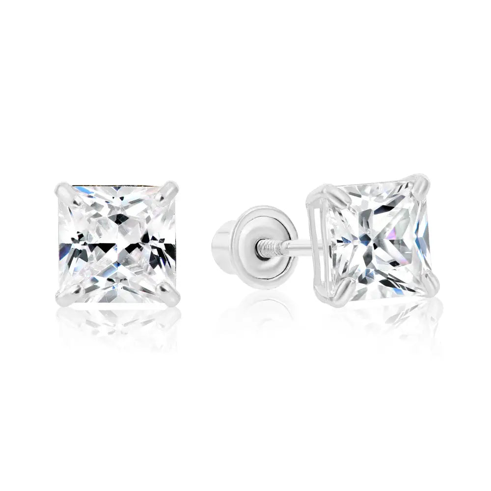 Bundle SET of 3! 14K Solid Gold Earrings, Square CZ Studs with Screwbacks