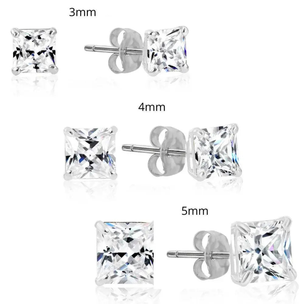 Bundle SET of 3! 14K Solid Gold Earrings, Square CZ Studs Sizes 3Mm, 4Mm, 5Mm, with Pushbacks