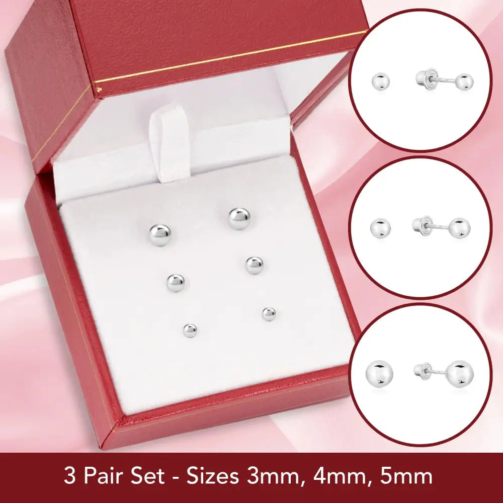 Bundle SET of 3! 14K White Gold Ball Stud Earrings with Screw Backings, Unisex
