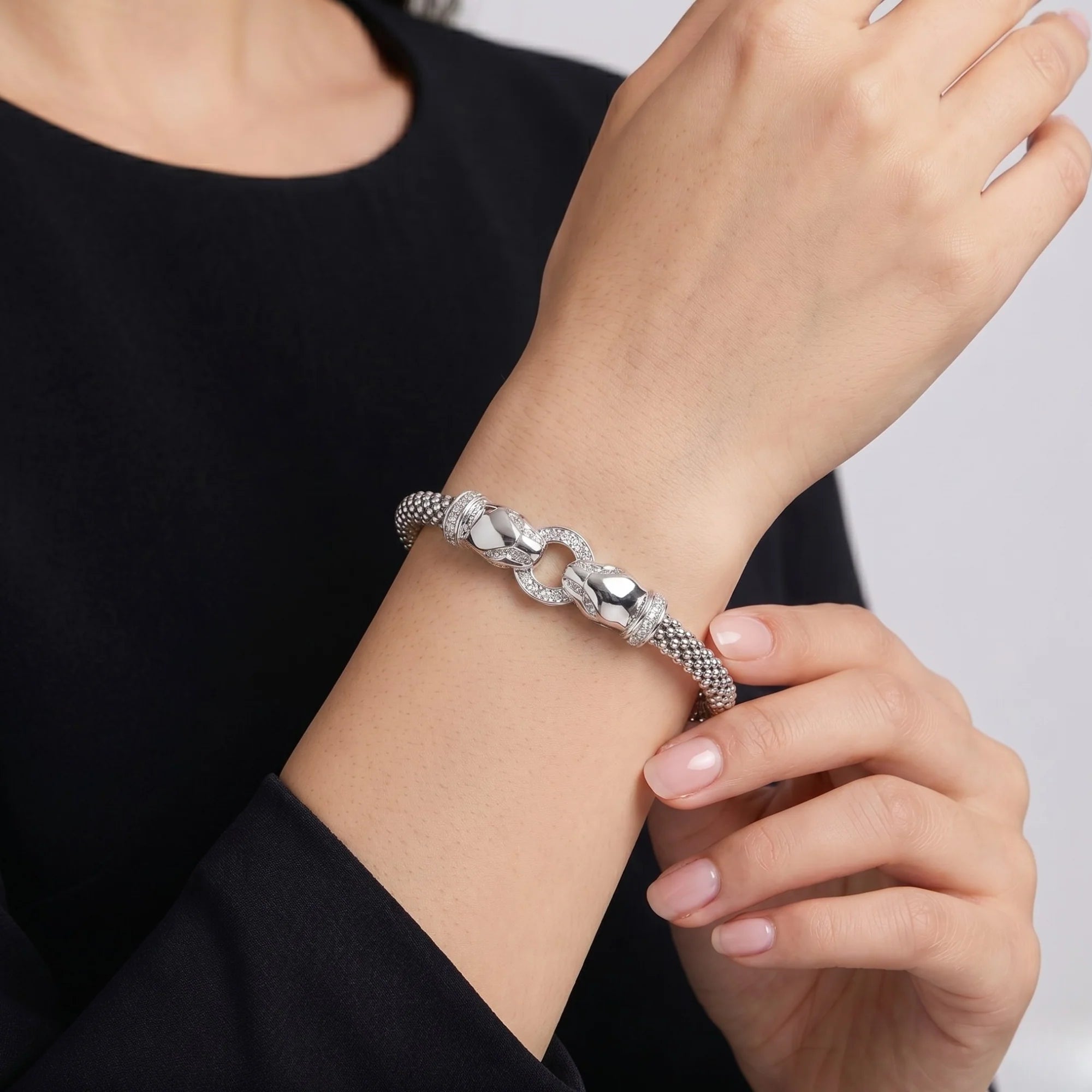 Sterling Silver Jaguar Cuff Italian Bracelet, Fits 6-7In