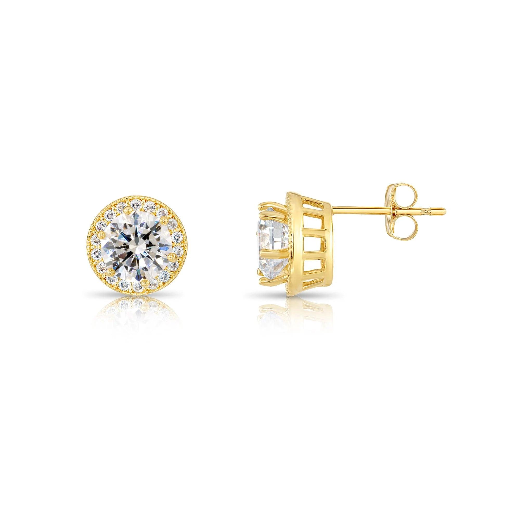 Stunning 10K Yellow Gold Large Round Cubic Zirconia Halo Stud Earrings.