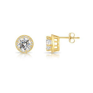 Stunning 10K Yellow Gold Large Round Cubic Zirconia Halo Stud Earrings.