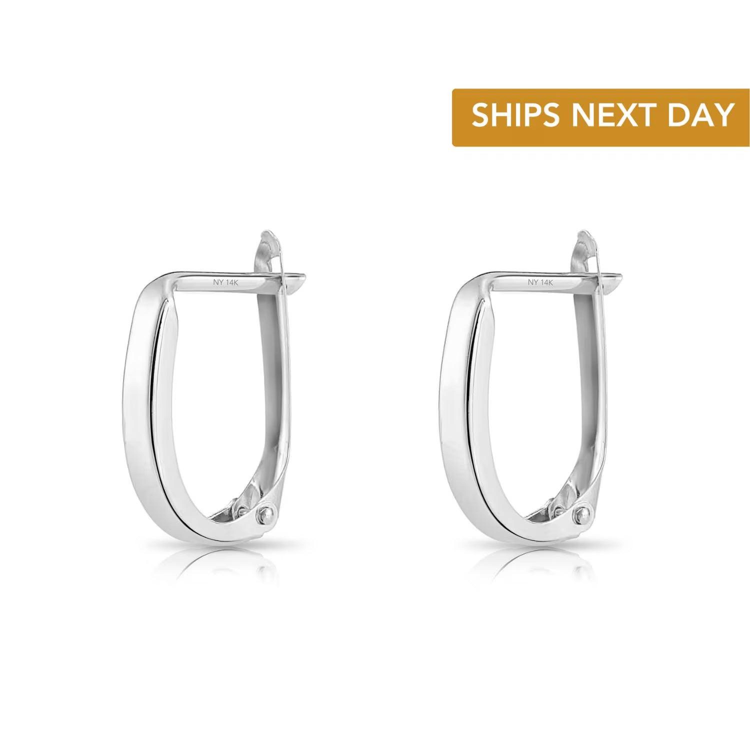 Stunning Handmade 14K White Gold Shiny Oval Huggie Hoop Earrings.