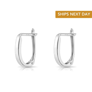 Stunning Handmade 14K White Gold Shiny Oval Huggie Hoop Earrings.