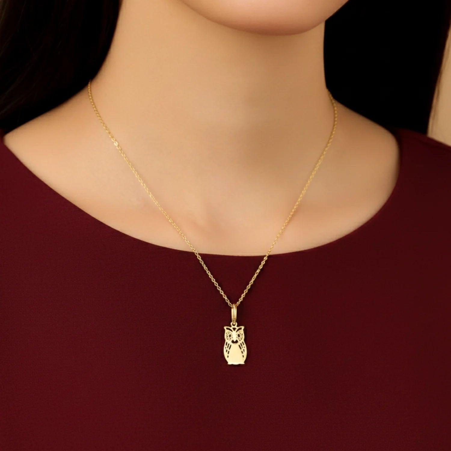 Charming 14K Yellow Gold Owl Pendant Necklace - Elevate Your Elegance with a Whimsical Touch.