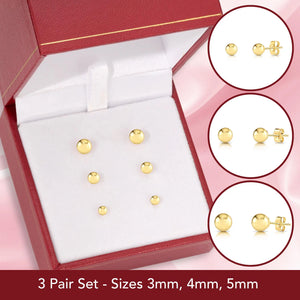 Set of 3! 14K Gold Ball Stud Earrings with Butterfly Pushbacks, Solid 14K Yellow Gold Gift Set, 3Mm 4Mm and 5Mm