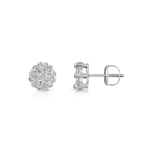 14K White Gold Diamond Cluster Stud Earring with Screw-Back, 0.75 Carats