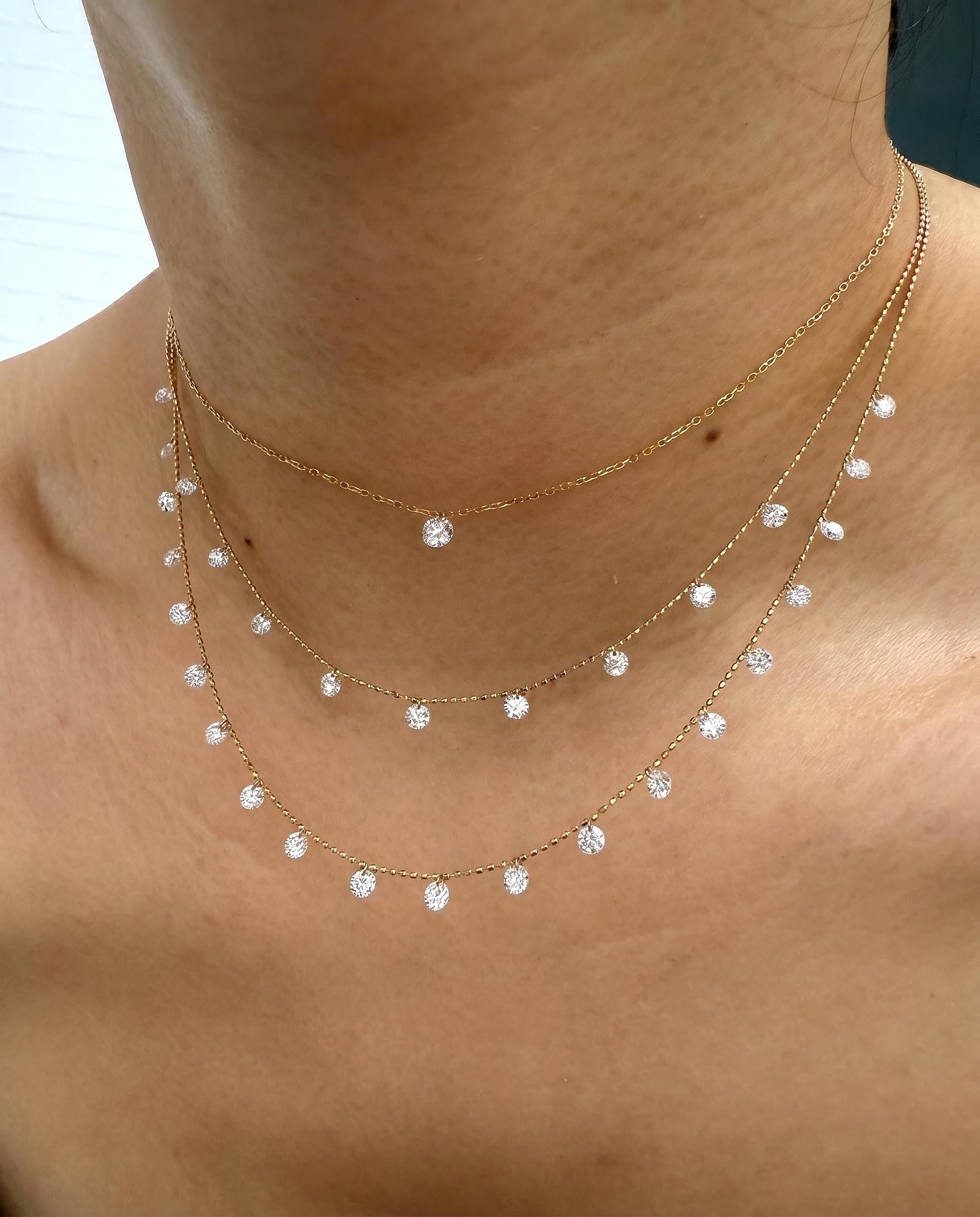 18K Solid Gold Pierced Diamond Necklace｜0.25Ct Pierced Diamond Choker｜Drilled Lab Diamond Pendant｜Delicate Fine Jewellery