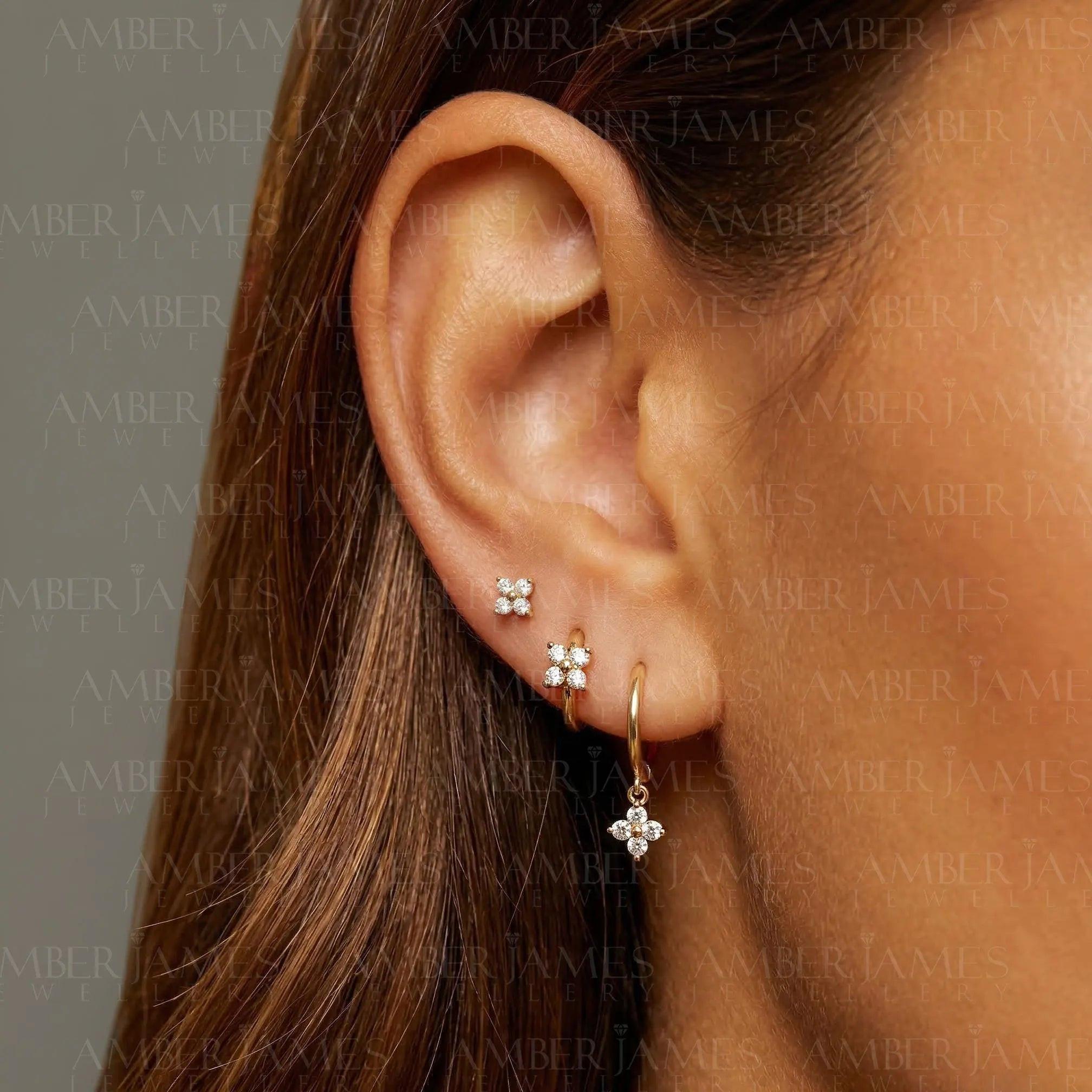 Minimalist 925 Sterling Silver Tiny Flower Huggie Hoop Earrings.