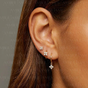 Minimalist 925 Sterling Silver Tiny Flower Huggie Hoop Earrings.
