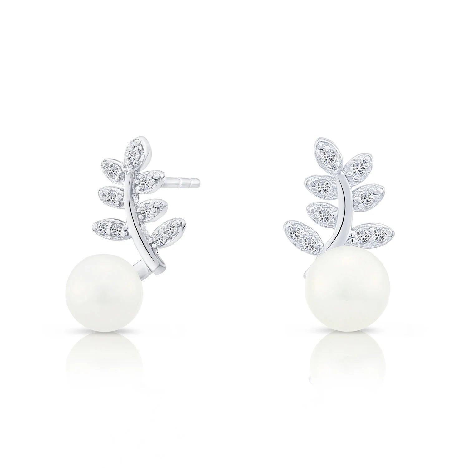 Elegant Sterling Silver CZ Floral Pearl Stud Earrings.