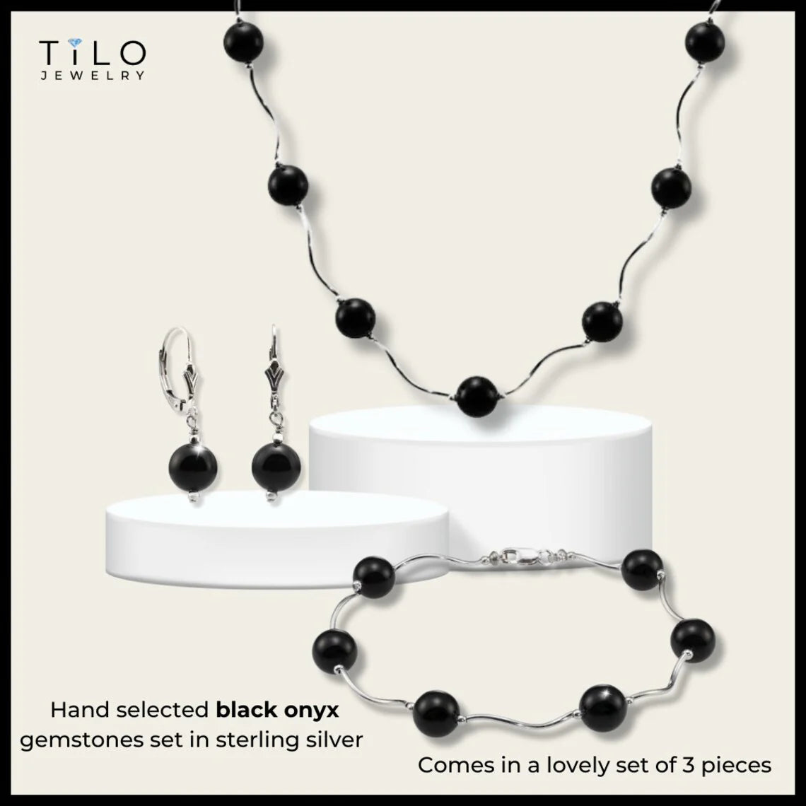 Unique Onyx Stone Set, 18 Inch Necklace 7.5 Inch Bracelet and Earrings in Sterling Silver