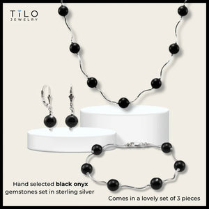 Unique Onyx Stone Set, 18 Inch Necklace 7.5 Inch Bracelet and Earrings in Sterling Silver