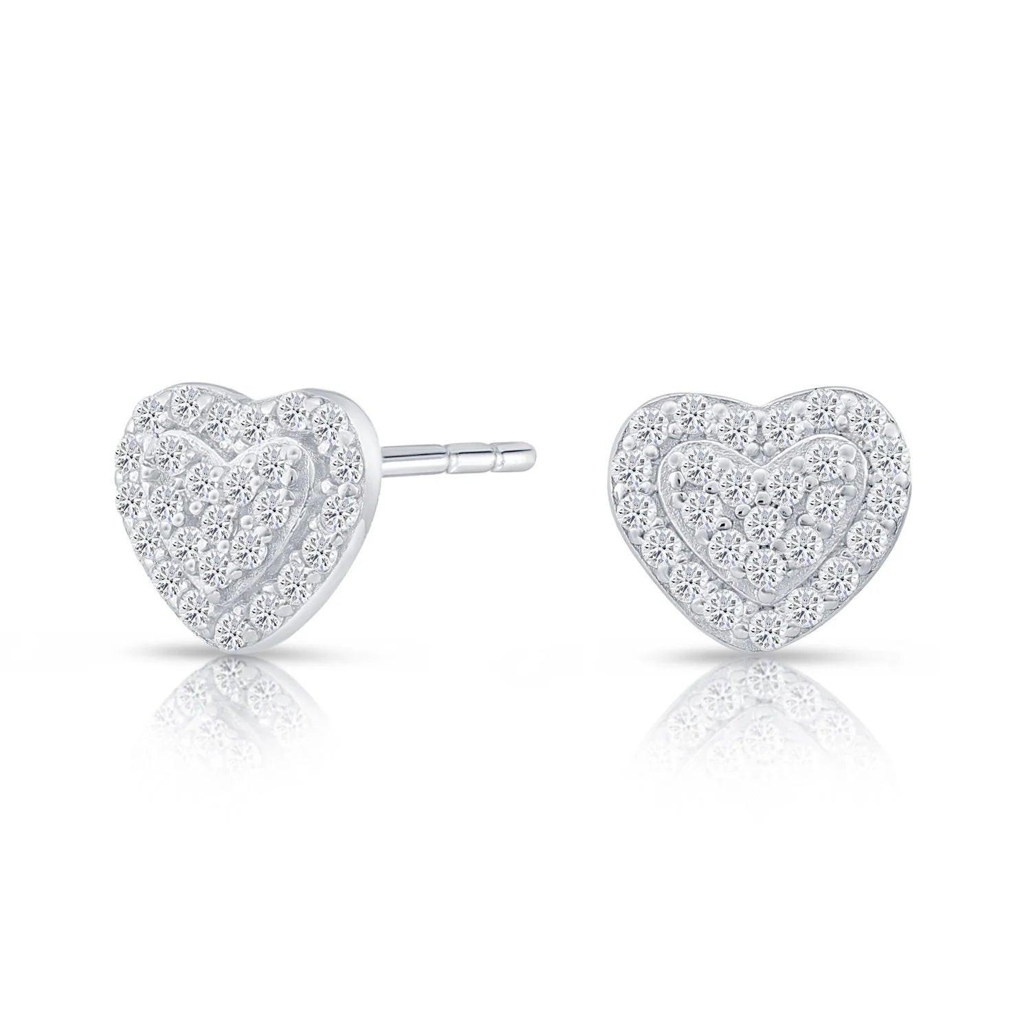 Elegant Double Heart CZ Stud Earrings in Sterling Silver.