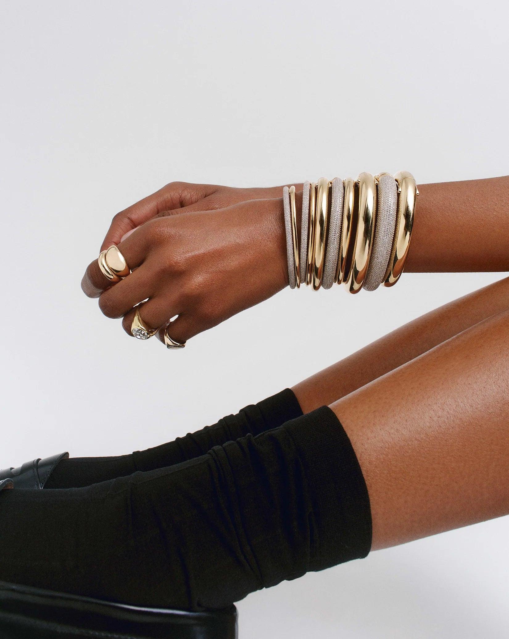 Stunning Pavé Diamond Stackable Gold Cloud Bangle for Effortless Elegance.