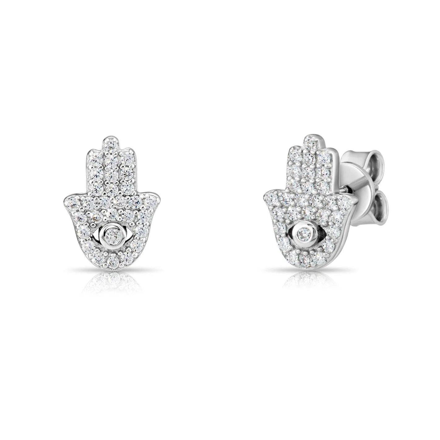 Sterling Silver CZ Hamsa Stud Earrings – Evil Eye Protection Jewelry.