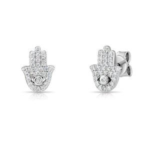 Sterling Silver CZ Hamsa Stud Earrings – Evil Eye Protection Jewelry.