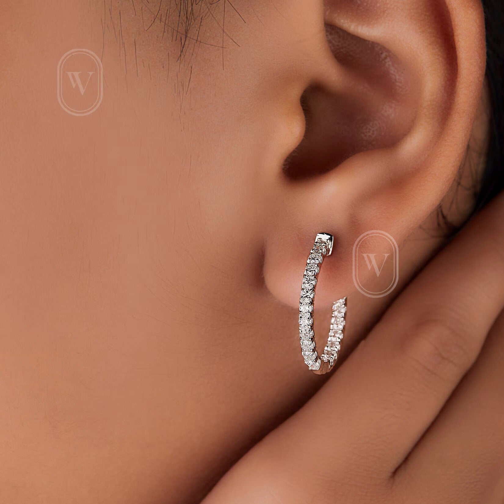 0.98 Ct. round Diamond Hoop Earrings - 14K White Gold U Shape Prong Set Diamond inside Out Hoop Earrings