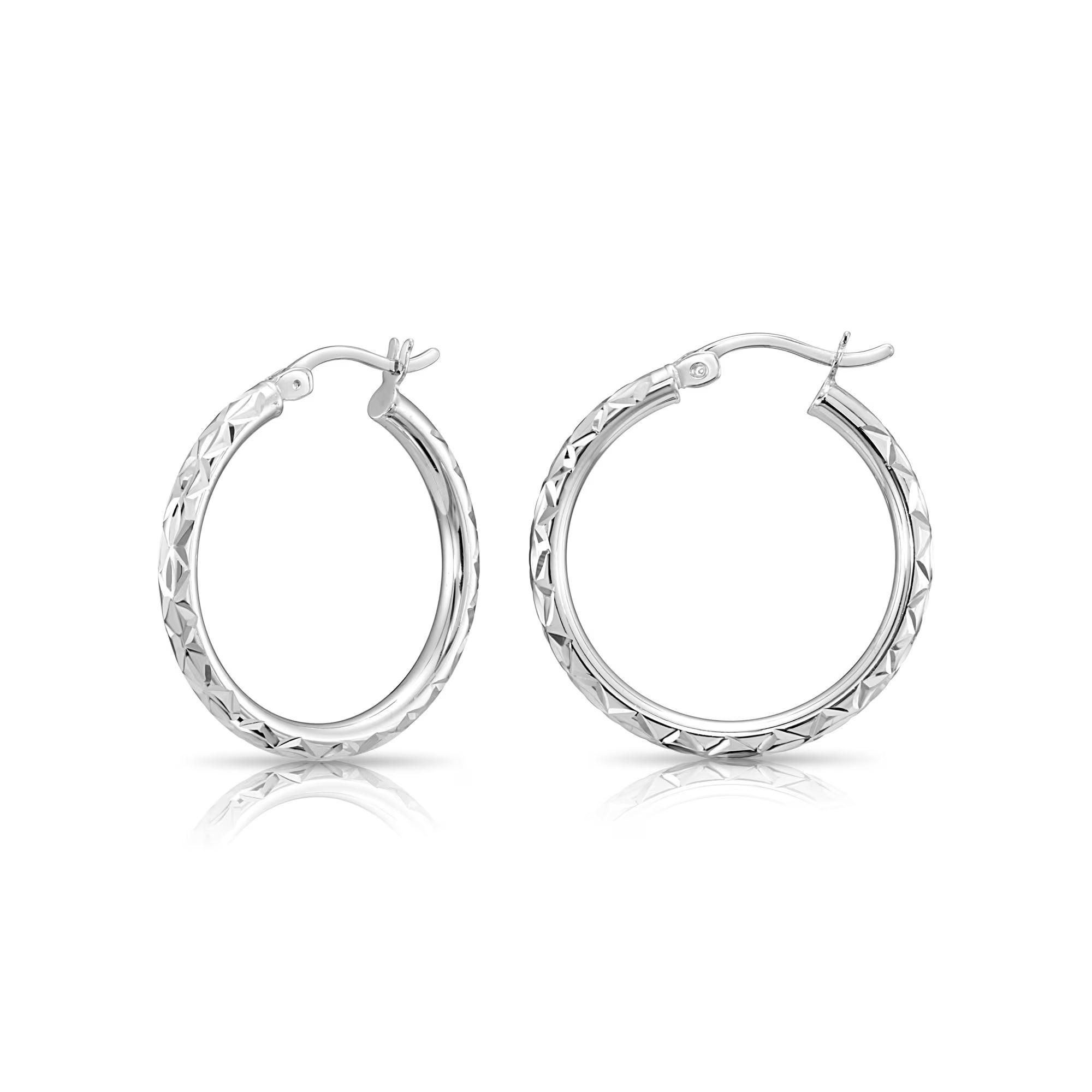Stunning 925 Sterling Silver Hand Engraved Diamond Cut X-Pattern Round Hoop Earrings.