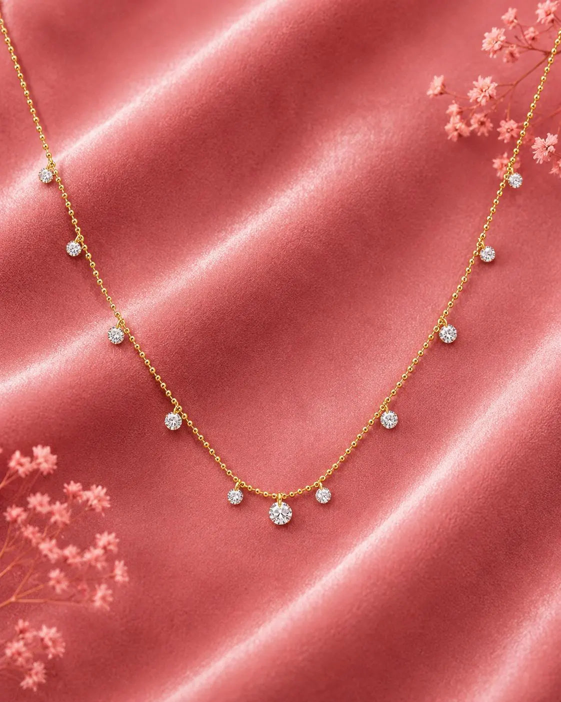 18K Solid Gold Diamond Station Necklace, Dainty Dangling Diamond Necklace, Minimal Drop Necklace, Everyday Wear Fine Jewelry Gift for Women.