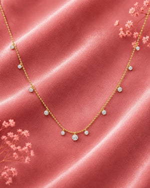 18K Solid Gold Diamond Station Necklace, Dainty Dangling Diamond Necklace, Minimal Drop Necklace, Everyday Wear Fine Jewelry Gift for Women.