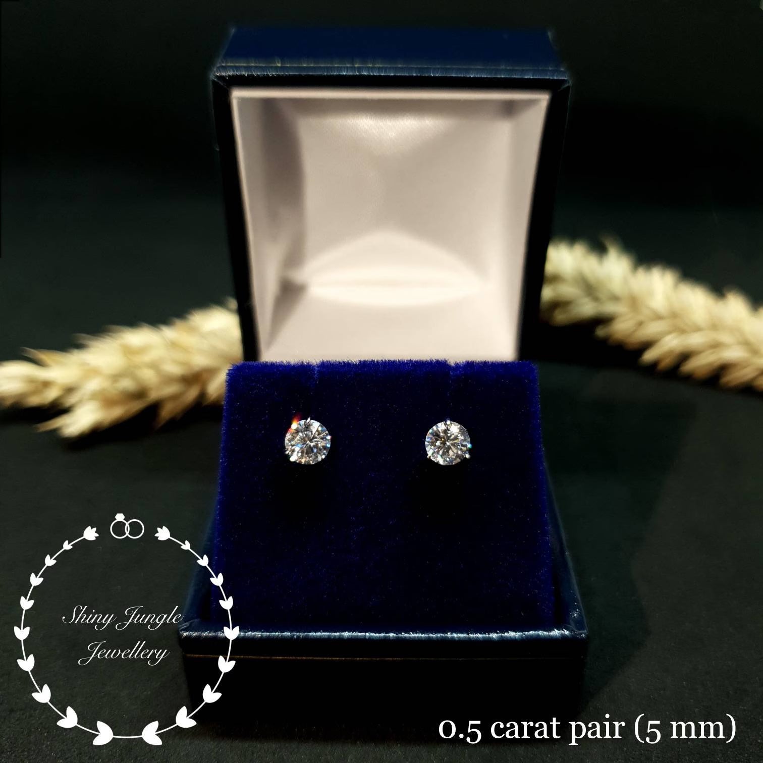 Diamond Stud Earrings, 0.5, 1 & 2 Carat Man Made Diamond Simulant Studs, 14K White Gold Plated Silver 3 Prong Set, Mothers Day Gift with Box