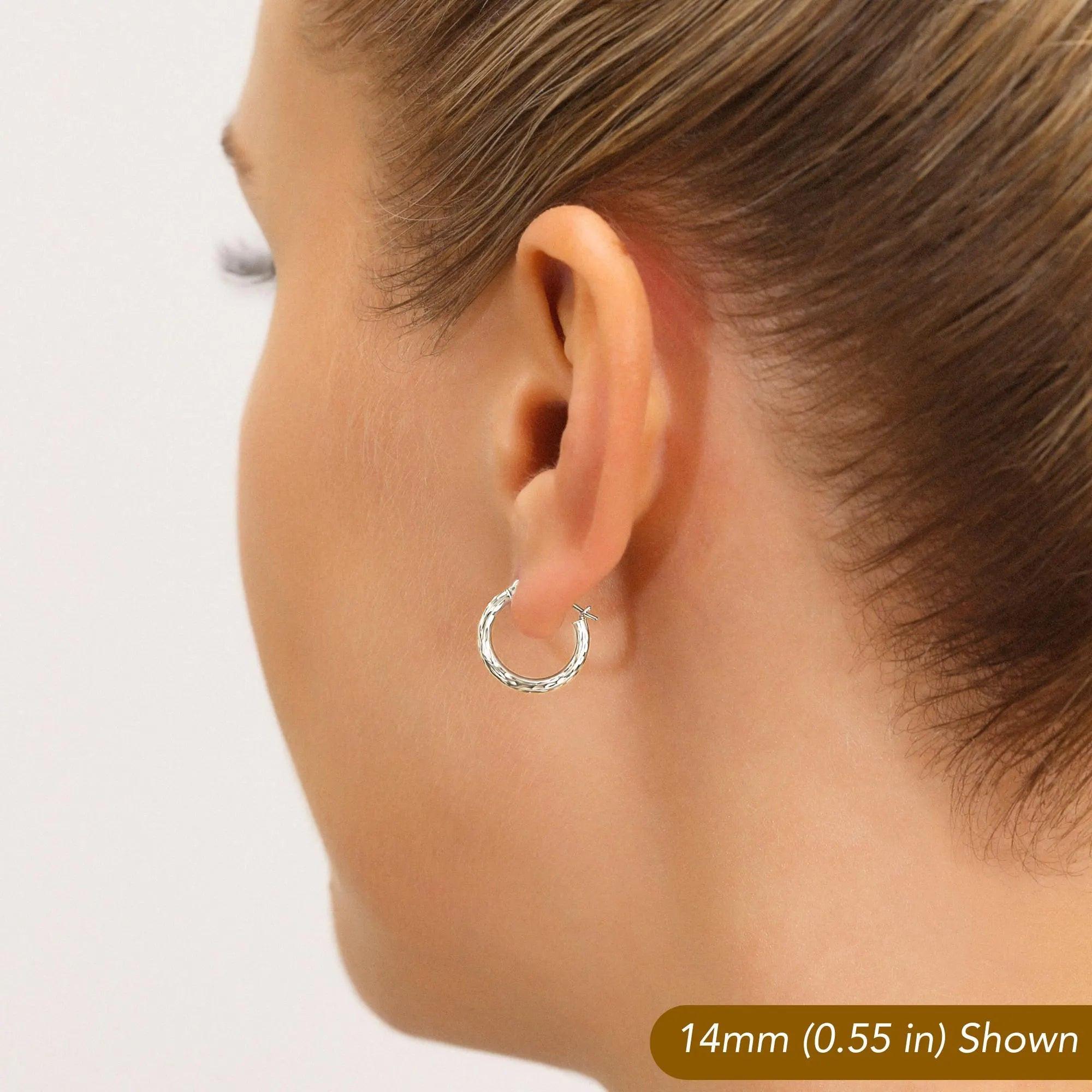 Stunning 10K White Gold Hand-Engraved Diamond-Cut Hoop Earrings - Crafted in the USA.