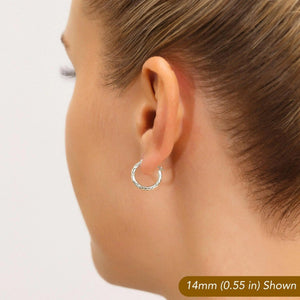 Stunning 10K White Gold Hand-Engraved Diamond-Cut Hoop Earrings - Crafted in the USA.