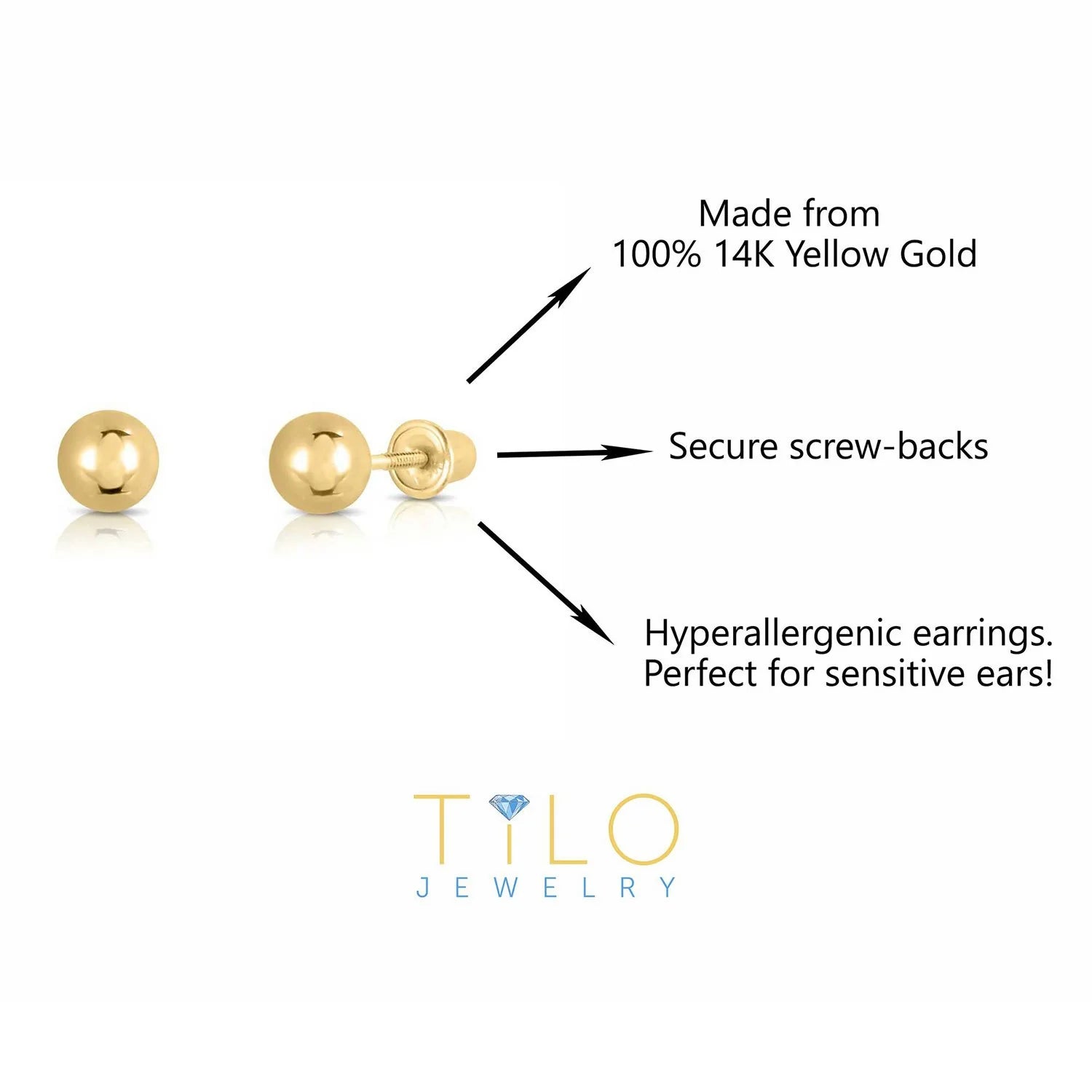 Bundle SET of 3! 14K Yellow Gold Ball Stud Earrings with Screw Backings, Unisex