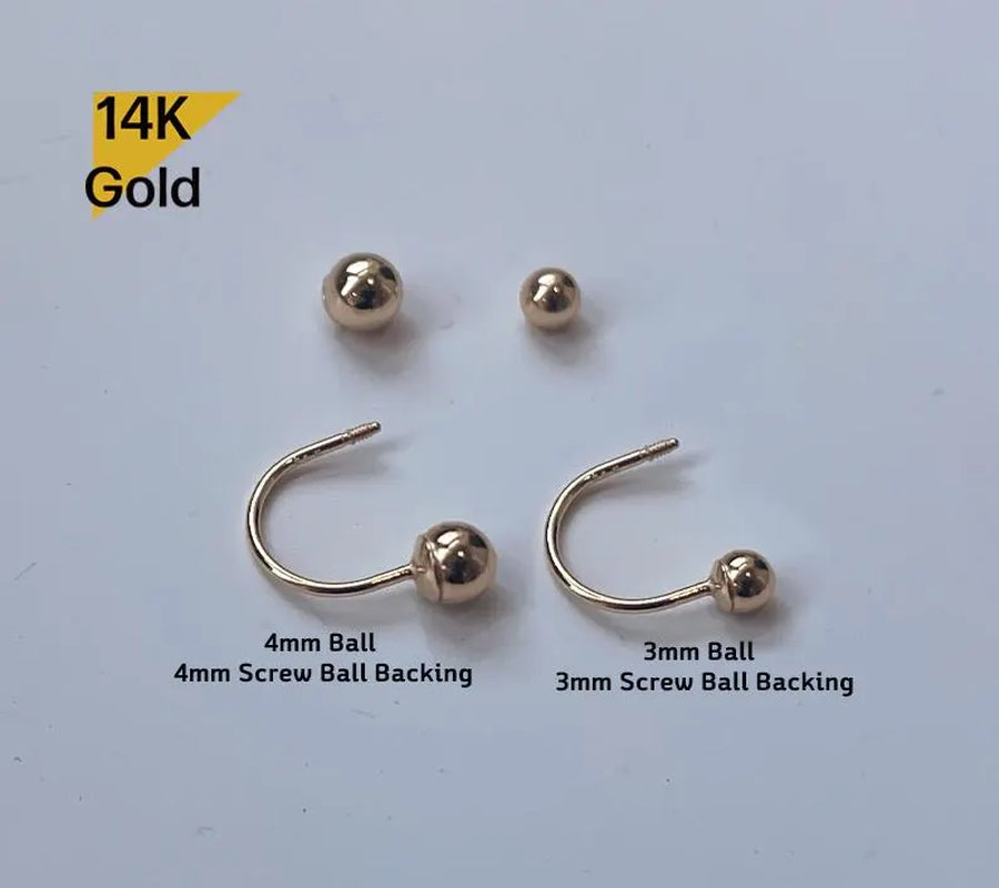 14K Solid Gold Light Weight Ball3Mm 4Mm Curved U Shaped Stud End Barbell Piercing, 21G