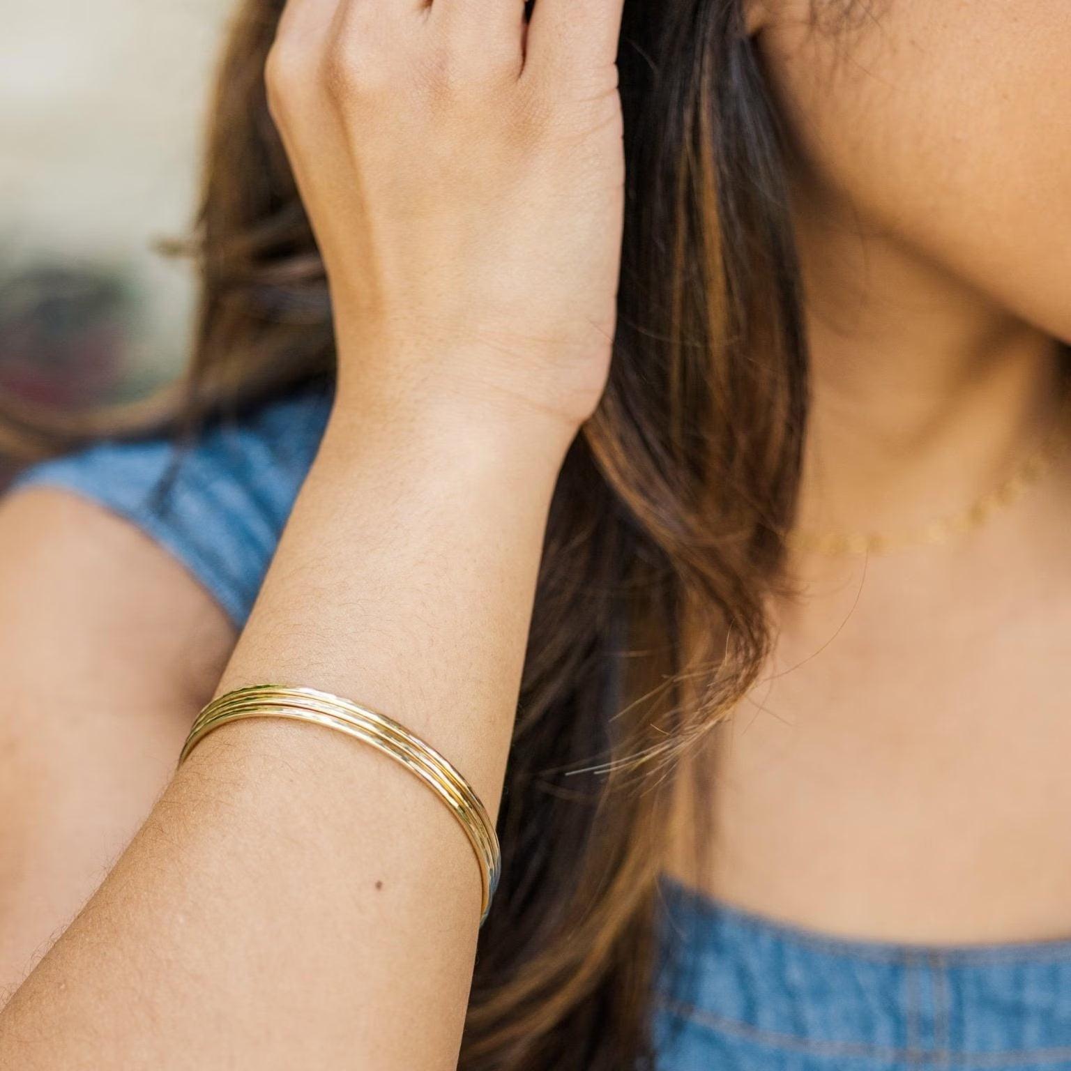Elegant Trio of Thick Gold Bangles | 14K Gold Filled Hammered Bracelets | Perfect Gift for Every Occasion.