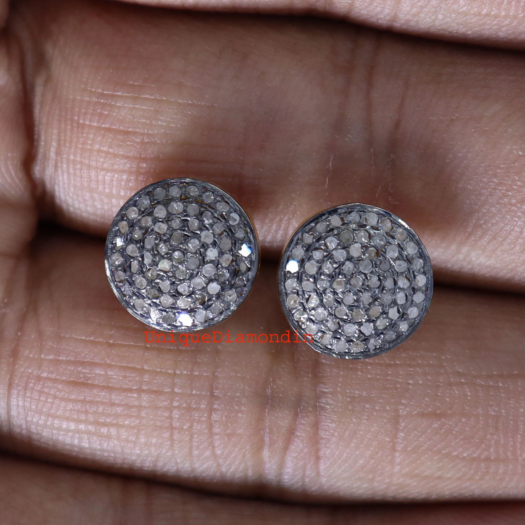 Handmade Pave Diamond Stud Earrings, 925 Sterling Silver, 14K Gold & Black Plated