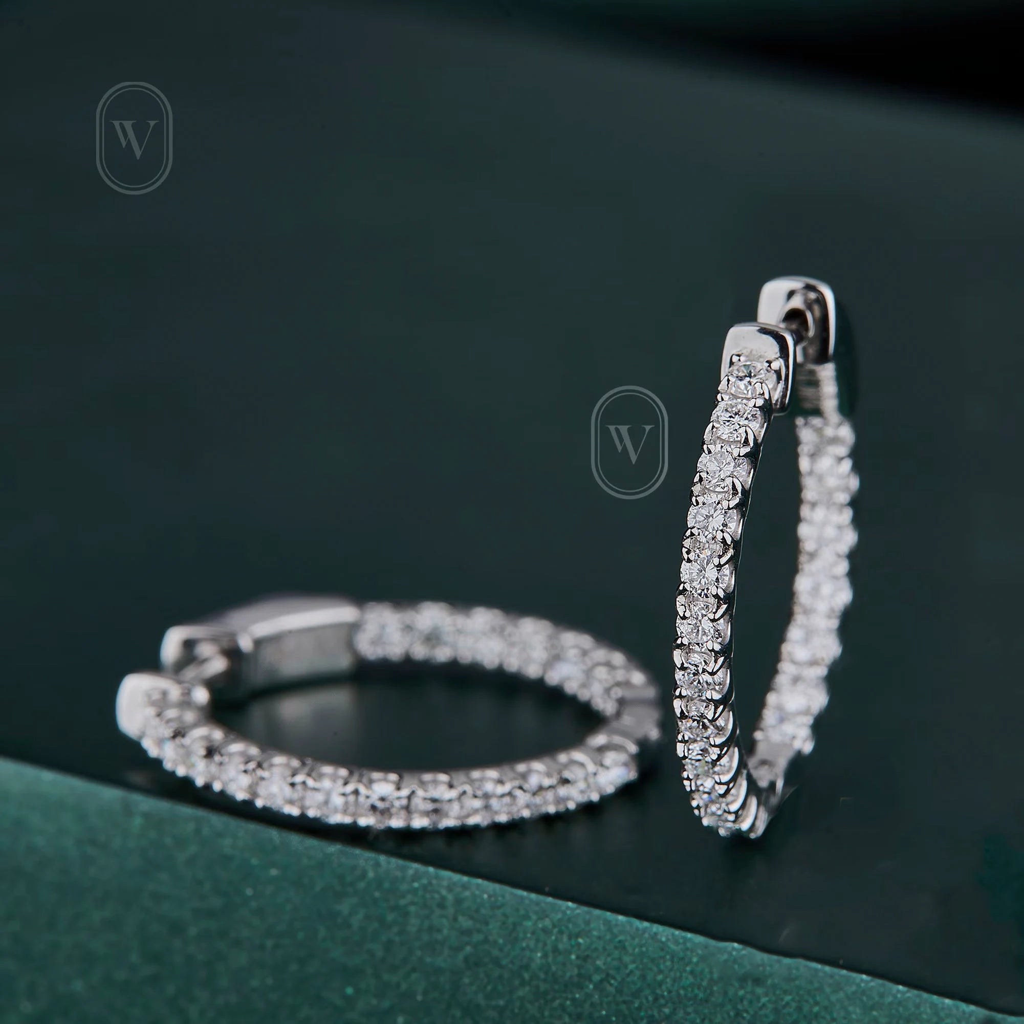 0.98 Ct. round Diamond Hoop Earrings - 14K White Gold U Shape Prong Set Diamond inside Out Hoop Earrings