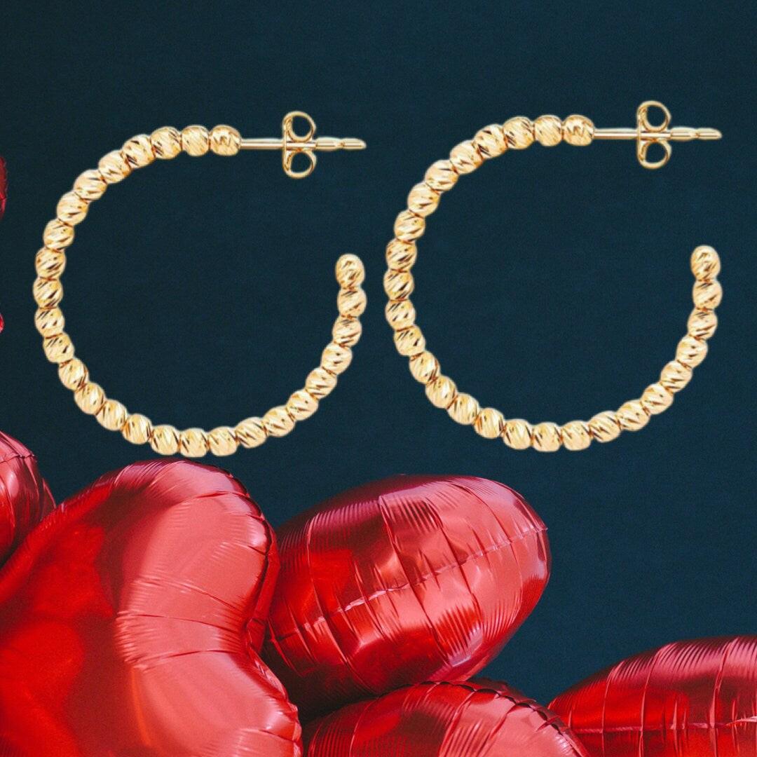 Elegant 14K Italian Gold Dainty Hoop Earrings with Beads.