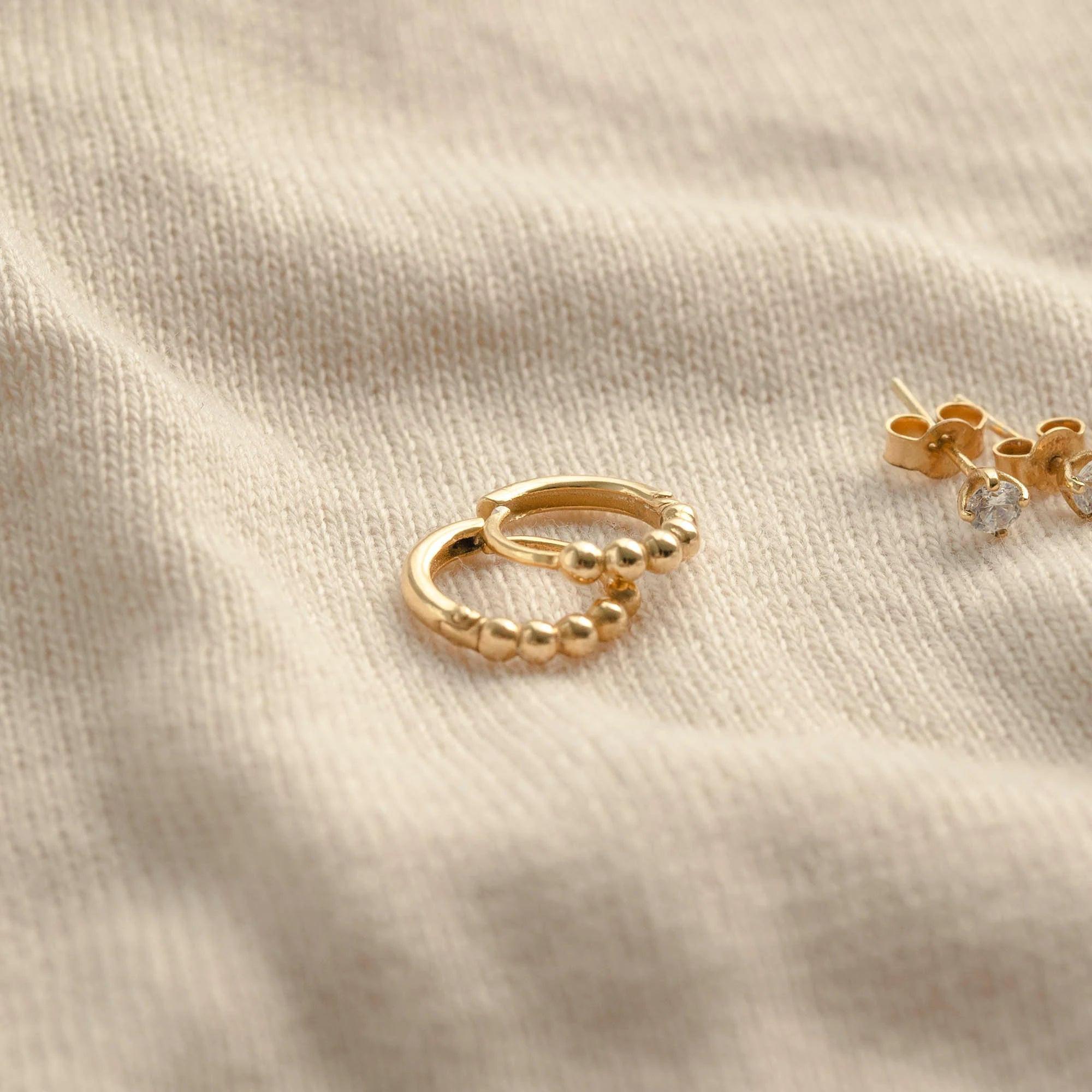 Dainty 14K Gold Beaded Huggie Hoop Earrings - Elegant Solid Gold Pair.