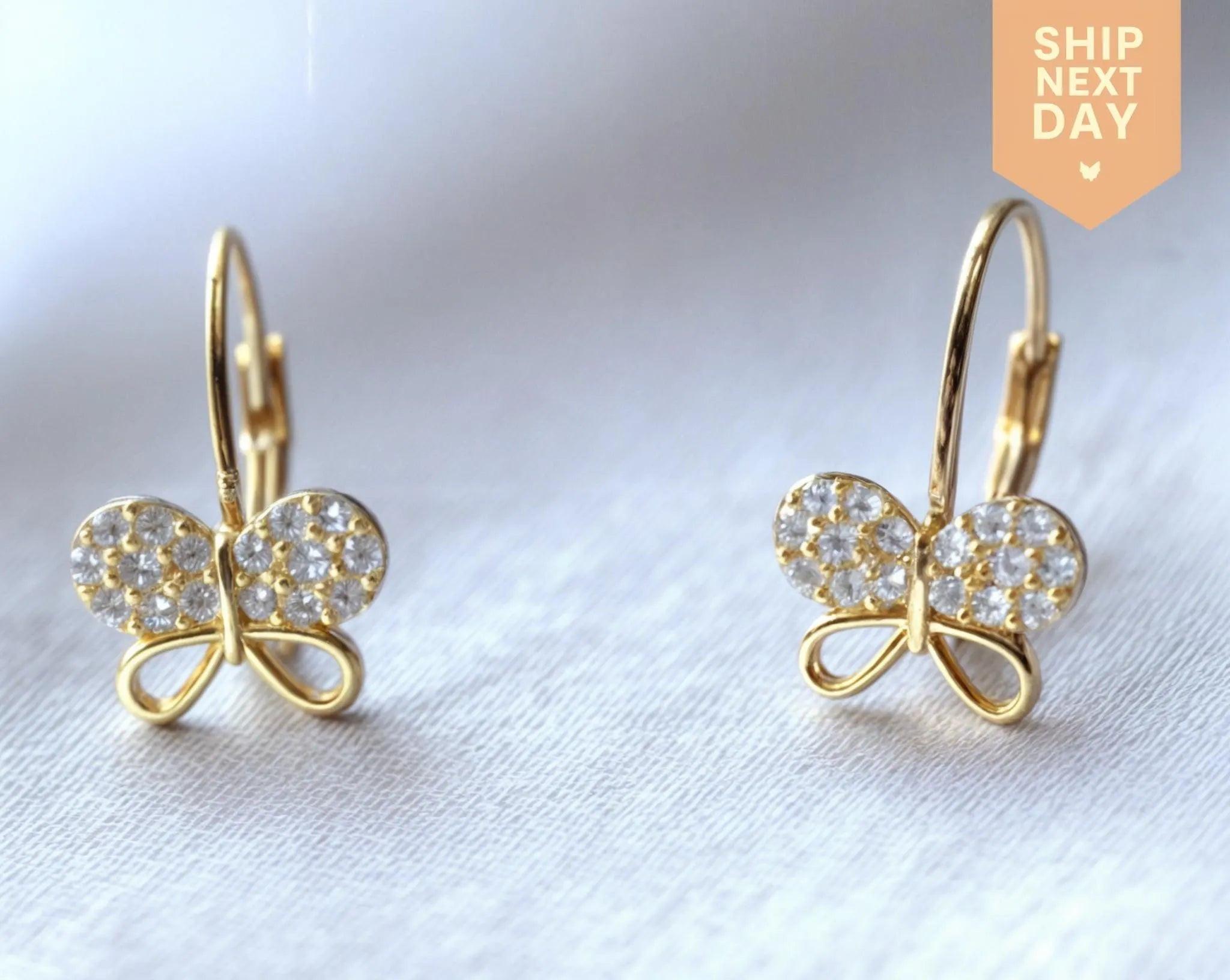 Stunning 14K Gold Butterfly Leverback Earrings - Exquisite Handmade Dangle Jewelry Gift for Her.