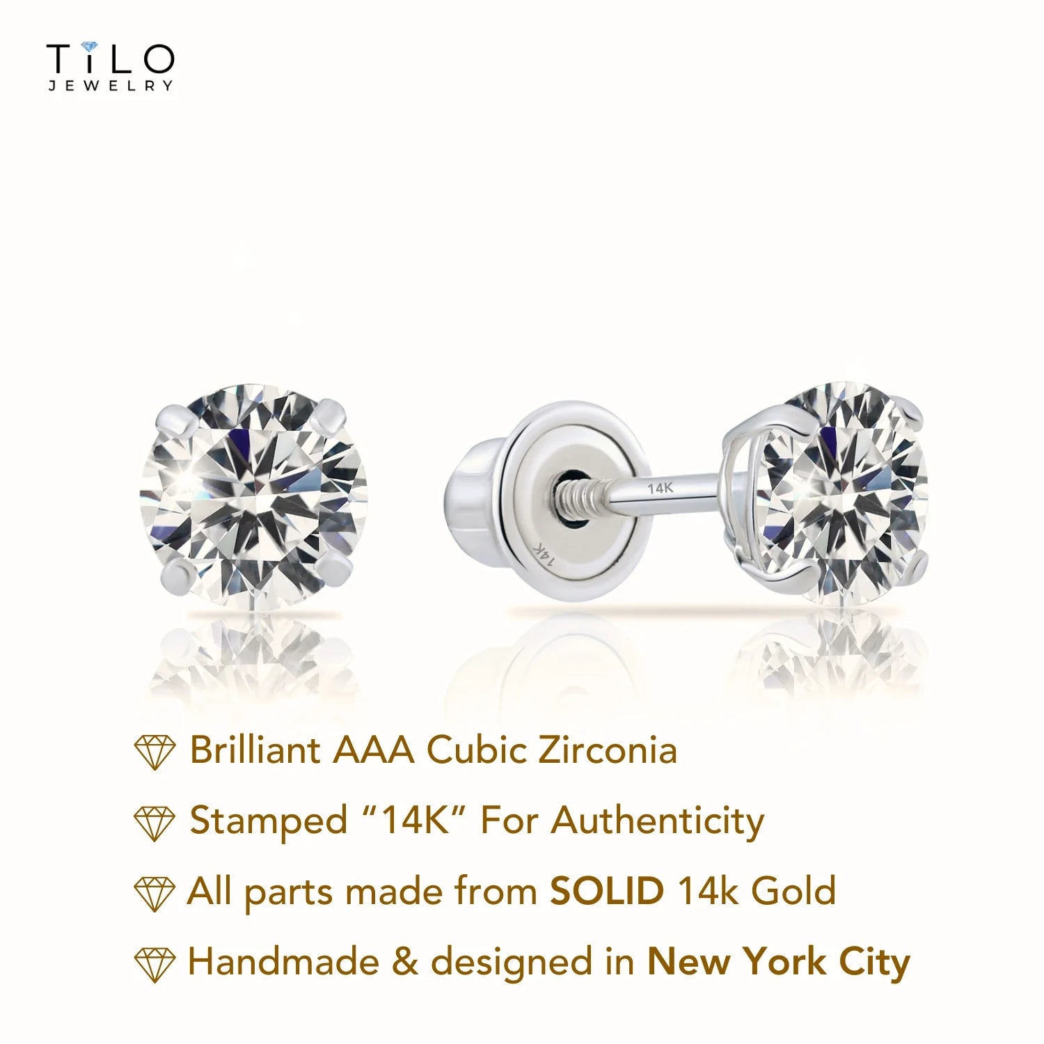 14K White Gold Classic Solitaire Stud Earrings, Screwback
