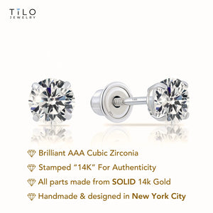14K White Gold Classic Solitaire Stud Earrings, Screwback