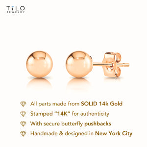 14K Rose Gold Ball Stud Earrings with Butterfly Pushbacks