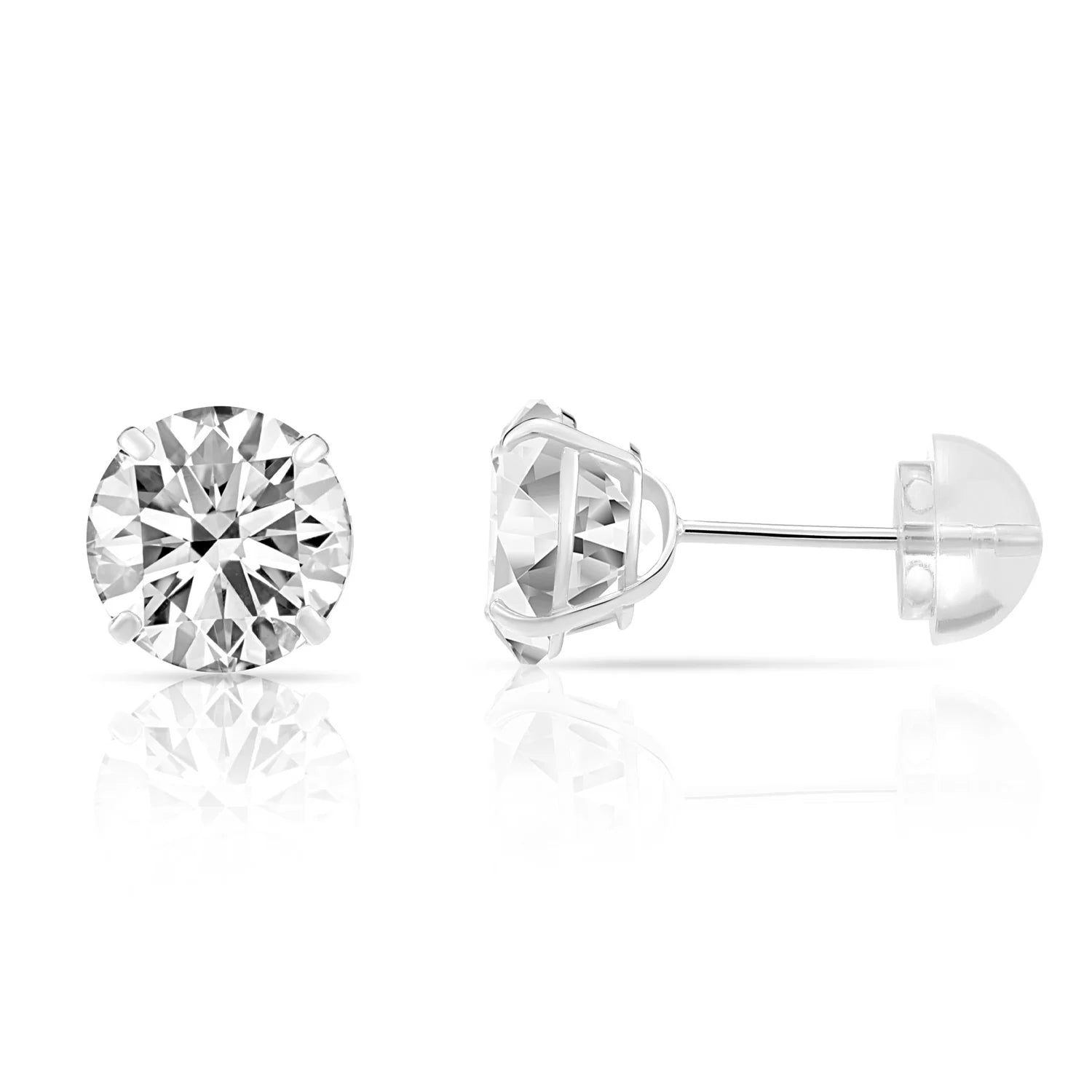 14K White Gold and Cubic Zirconia Stud Earrings, Silicone Pushback