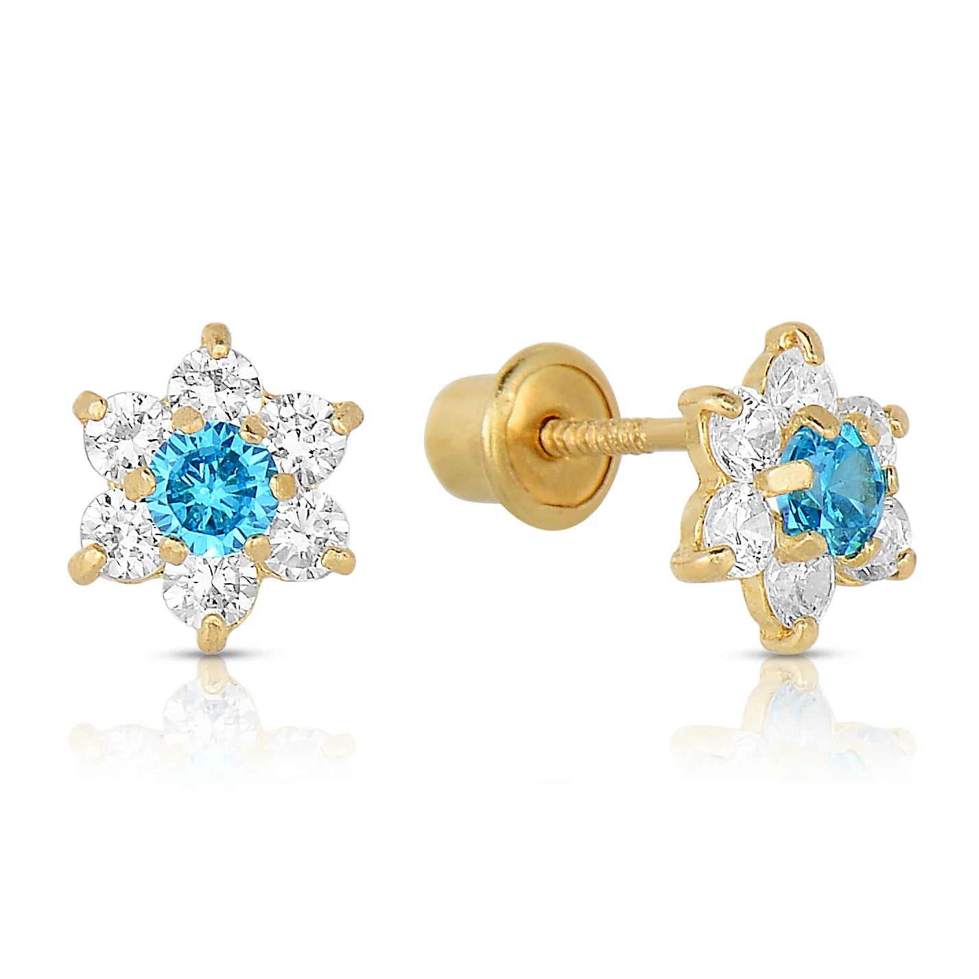 14K Yellow Gold Birthstone Halo Flower Stud Earrings, Available in 12 Colors