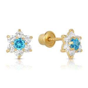 14K Yellow Gold Birthstone Halo Flower Stud Earrings, Available in 12 Colors