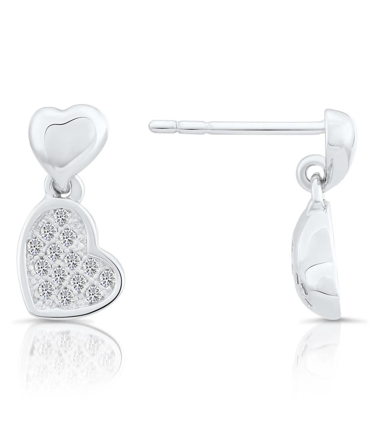 Stunning CZ Double Heart Dangle Stud Earrings in Elegant Sterling Silver.