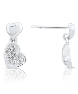 Stunning CZ Double Heart Dangle Stud Earrings in Elegant Sterling Silver.
